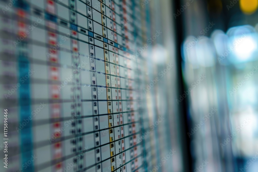 Poster colorful data table showcasing metrics and statistics in a modern workspace environment during dayti