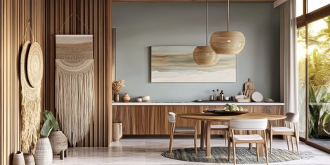 Modern minimalist kitchen interior, wooden cabinets, round pendant lights, large windows, natural light, dining table, chairs, potted plant, neutral color palette, textured wall panels, abstract wall 