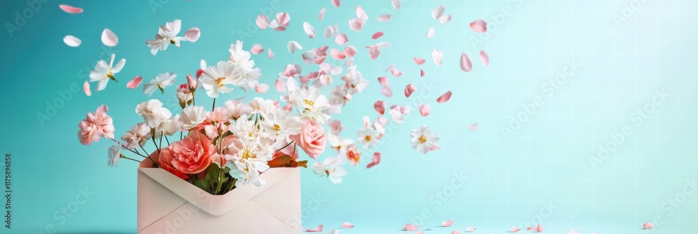 Aufkleber Colorful flowers burst from an open envelope against a soft blue background, creating a lively and joyful atmosphere. Generative AI