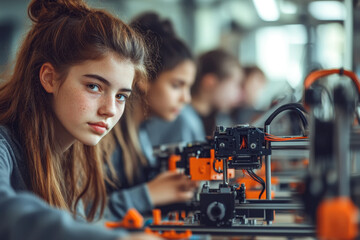 Young students learning 3D printing technology in classroom setting