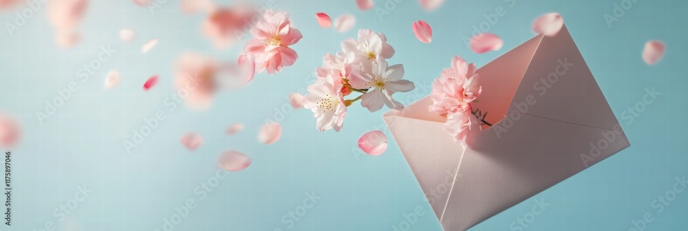 Poster Envelope with flowers and petals floating against a blue background in a springtime setting. Generative AI