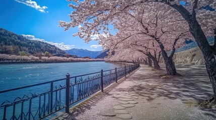 Scenic riverside path lined with blossoming cherry trees under a vibrant blue sky.