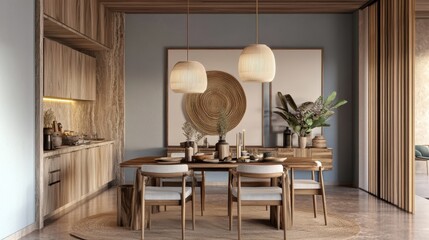 Modern minimalist kitchen interior, wooden cabinets, round pendant lights, large windows, natural light, dining table, chairs, potted plant, neutral color palette, textured wall panels, abstract wall 