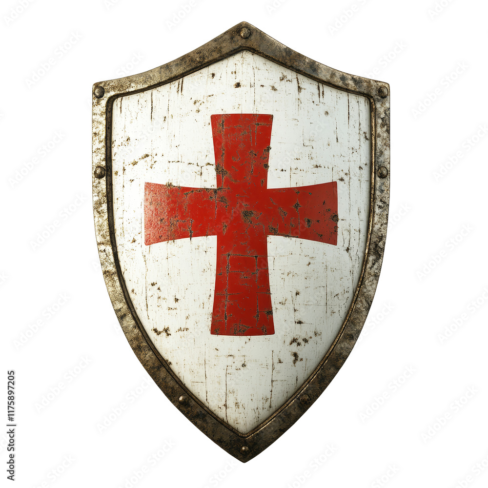 Poster vintage transparent shield featuring a red cross background isolated on a transparent surface with a