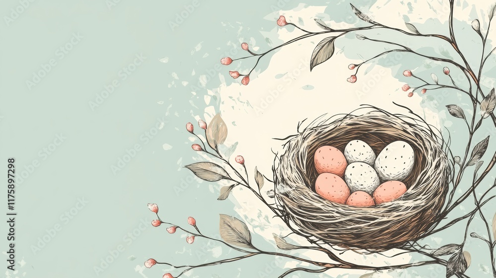 Poster hand drawn doodle of a birds nest with colorful eggs and delicate branches, showcasing springtime el