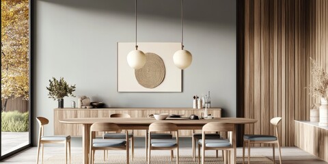 Modern minimalist kitchen interior, wooden cabinets, round pendant lights, large windows, natural light, dining table, chairs, potted plant, neutral color palette, textured wall panels, abstract wall 
