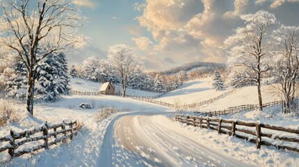 Snowy winter landscape with a rustic cabin, winding road, and snow-covered fields.