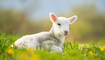 Cute little lamb portrait, floral field with soft blurred background. Adorable animal. Spring season
