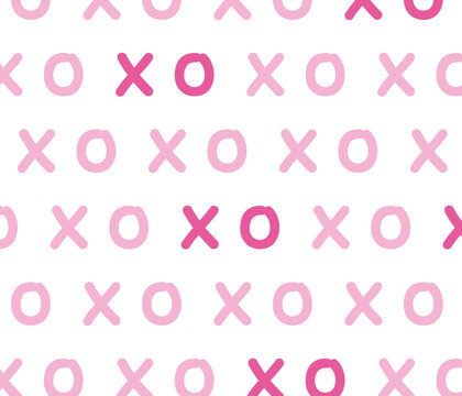 Playful pink and red XO pattern. Romantic seamless vector illustration for Valentine’s Day. Cute hand-drawn hugs and kisses motif in a modern flat design. Fun decorative background for holidays or lov