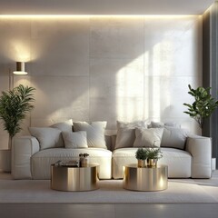 modern living room, minimalist interior, white sofa, marble wall, potted plant, wooden coffee table, natural light, textured wall, neutral color palette, cozy atmosphere, interior design, shadow play,
