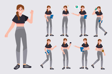 Fototapeta premium Set of business or student woman character in casual clothes in various poses. Cute girl impressed, worry, panic, explaining, presentation, uses the phone. Vector illustration in flat style