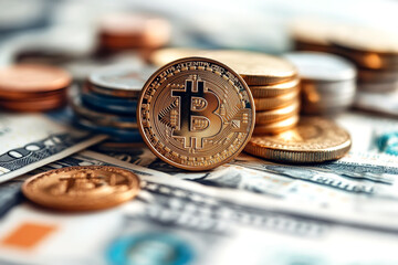 Bitcoin on stacked coins and currency bills representing modern finance
