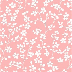 Pink floral seamless pattern with delicate white blossoms and branches.