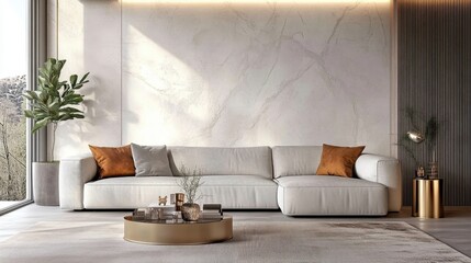 modern living room, minimalist interior, white sofa, marble wall, potted plant, wooden coffee table, natural light, textured wall, neutral color palette, cozy atmosphere, interior design, shadow play,