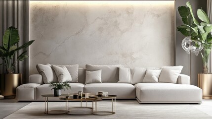 modern minimalist living room, grey sectional sofa, concrete wall texture, hanging pendant light, potted indoor plant, glass coffee table, neutral color palette, sleek design, spacious interior, conte