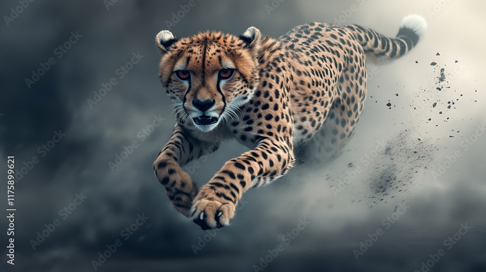 Poster a cheetah sprinting through dust, showcasing its speed and agility in a dynamic pose.