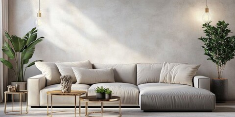 modern minimalist living room, grey sectional sofa, concrete wall texture, hanging pendant light, potted indoor plant, glass coffee table, neutral color palette, sleek design, spacious interior, conte