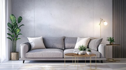modern minimalist living room, grey sectional sofa, concrete wall texture, hanging pendant light, potted indoor plant, glass coffee table, neutral color palette, sleek design, spacious interior, conte