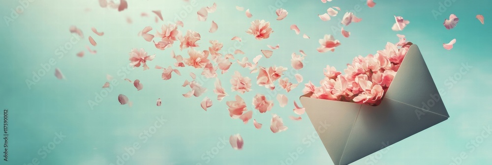 Poster Colorful flower petals float out of an open envelope against a bright sky creating a whimsical atmosphere. Generative AI