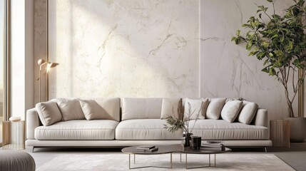 modern minimalist living room, grey sectional sofa, concrete wall texture, hanging pendant light, potted indoor plant, glass coffee table, neutral color palette, sleek design, spacious interior, conte