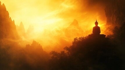 Fototapeta premium Serene Buddha statue silhouetted against a dramatic fiery sunset landscape of majestic mountains and lush misty forests Peaceful contemplative atmosphere with warm glowing light and beams