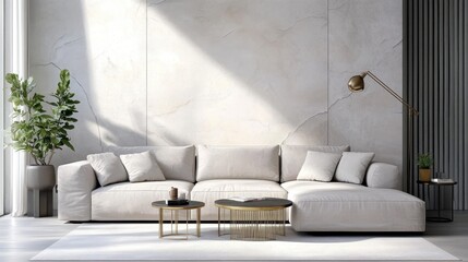 modern minimalist living room, grey sectional sofa, concrete wall texture, hanging pendant light, potted indoor plant, glass coffee table, neutral color palette, sleek design, spacious interior, conte