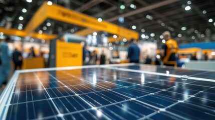 Close-Up of Solar Panel at Renewable Energy Exhibition with Blurred Background of Visitors and Booths Showcasing Sustainable Technology Innovations