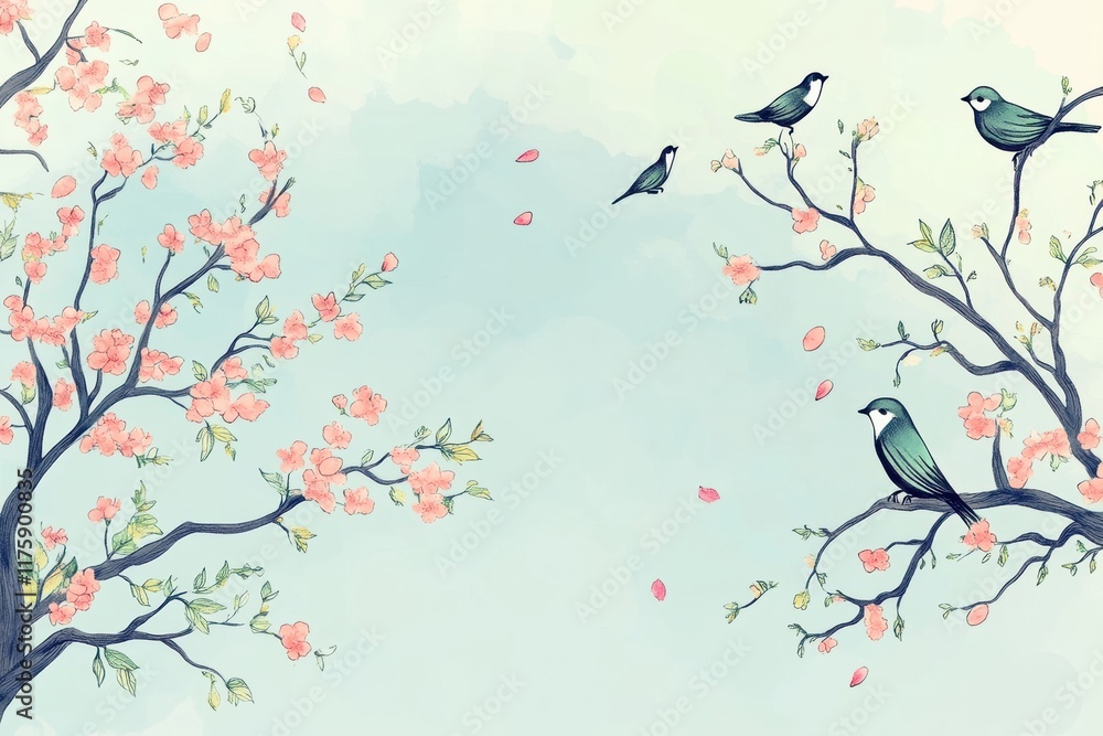 Poster colorful hand drawn doodle of birds resting on whimsical branches with blossoms and falling petals i