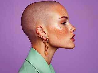 Profile Portrait of a Bald Young Woman with Freckles and Gold Earrings on a Soft Purple Background