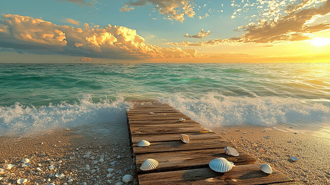 Wooden Pier on a Sandy Beach with Shells at Sunset Overlooking Calm Ocean Waves