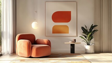 Cozy living room interior, orange velvet curved sofa, minimalist art, white textured wall, floor lamp with round bulb, cream side table, dried pampas grass arrangement, warm tones, contemporary design