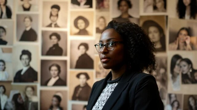 Black woman standing in front of a wall with images of historical women