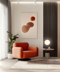 Modern minimalist interior, curved orange sofa, abstract art print, large potted plant, wooden side table, circular wall mirror, sunlit room, white walls, warm tones, cozy living space, organic shapes