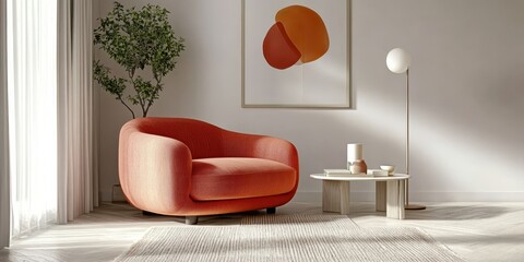 Modern minimalist interior, curved orange sofa, abstract art print, large potted plant, wooden side table, circular wall mirror, sunlit room, white walls, warm tones, cozy living space, organic shapes