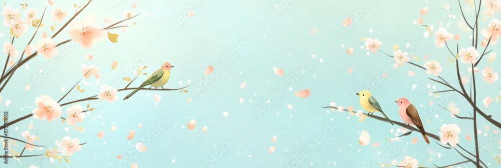 Poster colorful hand drawn doodle of birds perched on branches with blossoms in a serene setting during spr