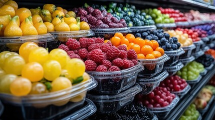 Obraz premium Colorful fresh berries and fruits in plastic containers at supermarket.
