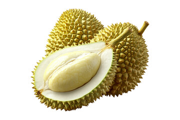 Obraz premium Closeup of whole durian and one cut open showing creamy flesh isolated on white transparent background, exotic fruit concept.