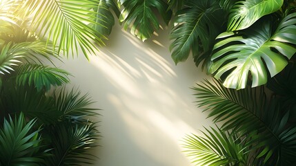 Fototapeta premium Minimalist White Background with Tropical Leaf Shadows,Copy Space