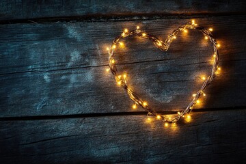 A shimmering heart created with fairy lights on a dark wooden surface, with ample blank space at the top for text Valentine&rsquo;s Day card