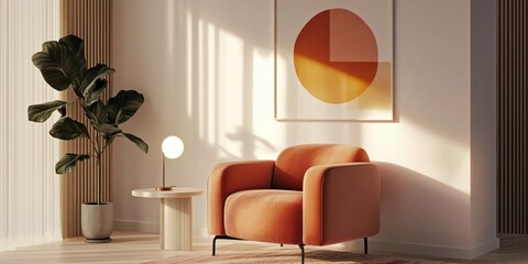 Modern minimalist interior, curved orange sofa, abstract art print, large potted plant, wooden side table, circular wall mirror, sunlit room, white walls, warm tones, cozy living space, organic shapes