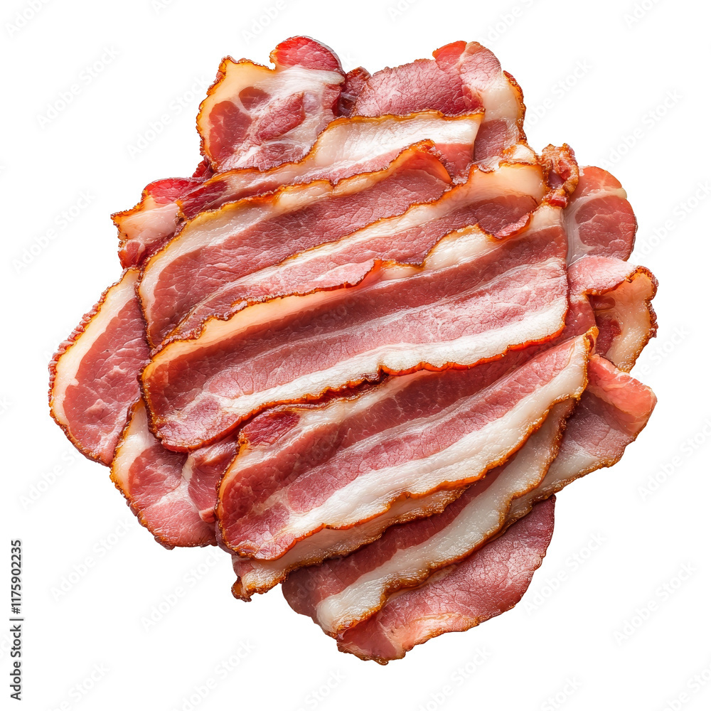 Poster sliced pork bacon arranged in a neat pile on a transparent background showcasing its texture and col