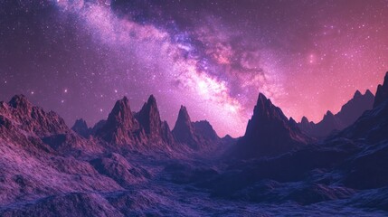 Pink and purple alien landscape with a vibrant Milky Way galaxy above jagged mountains.