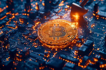 Bitcoin coin on illuminated circuit board