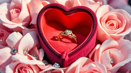An elegant gold ring rests in a velvet heart-shaped box amongst rose petals and diamonds, rendered in a delicate watercolor painting style. The image uses contrasting chiaroscuro lighting
