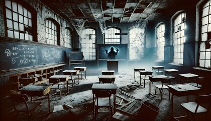 Naklejka premium Haunted Abandoned Classroom in Dystopian Nightmare Style – Spooky Atmosphere with Eerie Desks, Broken Windows, and Sinister Shadows