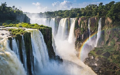 Naklejka premium Wild Iguazu Falls, Brazil, Majestic Iguazu Falls with rainbow, lush greenery, and powerful water cascading down rocky cliffs.