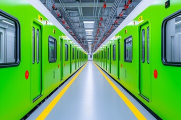 Silver train cars with green interiors and red buttons lined up in a warehouse.