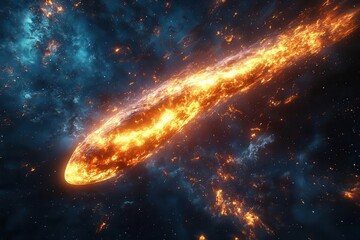Obraz premium brilliant flaming meteor with a vividly glowing molten tail streaking across a deep, dark night sky, isolated on a white canvas, highlighting its celestial beauty for astronomy enthusiasts