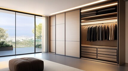 Large modern wardrobe, sliding glass doors, wood paneling, organized clothing storage, built-in shelving, minimalist design, spacious walk-in closet, natural lighting, beige tones, contemporary interi