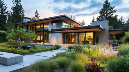 Fototapeta premium Sustainable glass-front home with garden and lighting accents